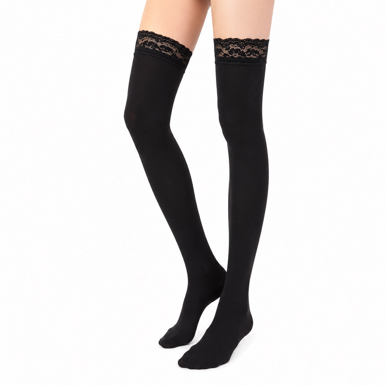 Black lace top thigh high socks for sissy maid outfit and lolita fashion