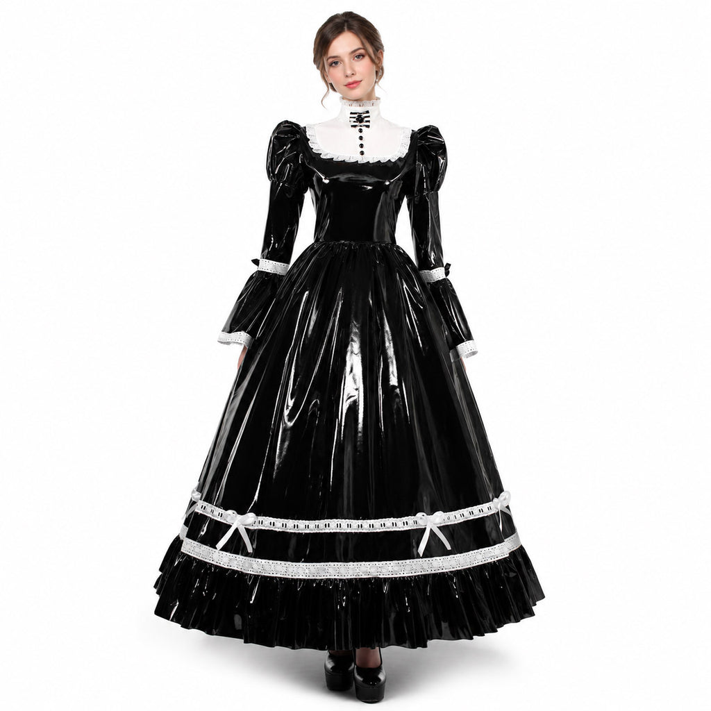 Black PVC sissy maid long dress with white lace trim G416-1