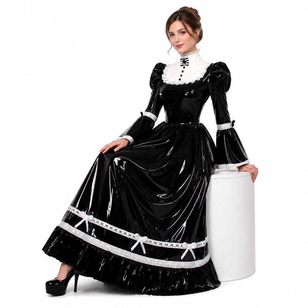 Black PVC sissy maid long dress with white lace trim G416-3