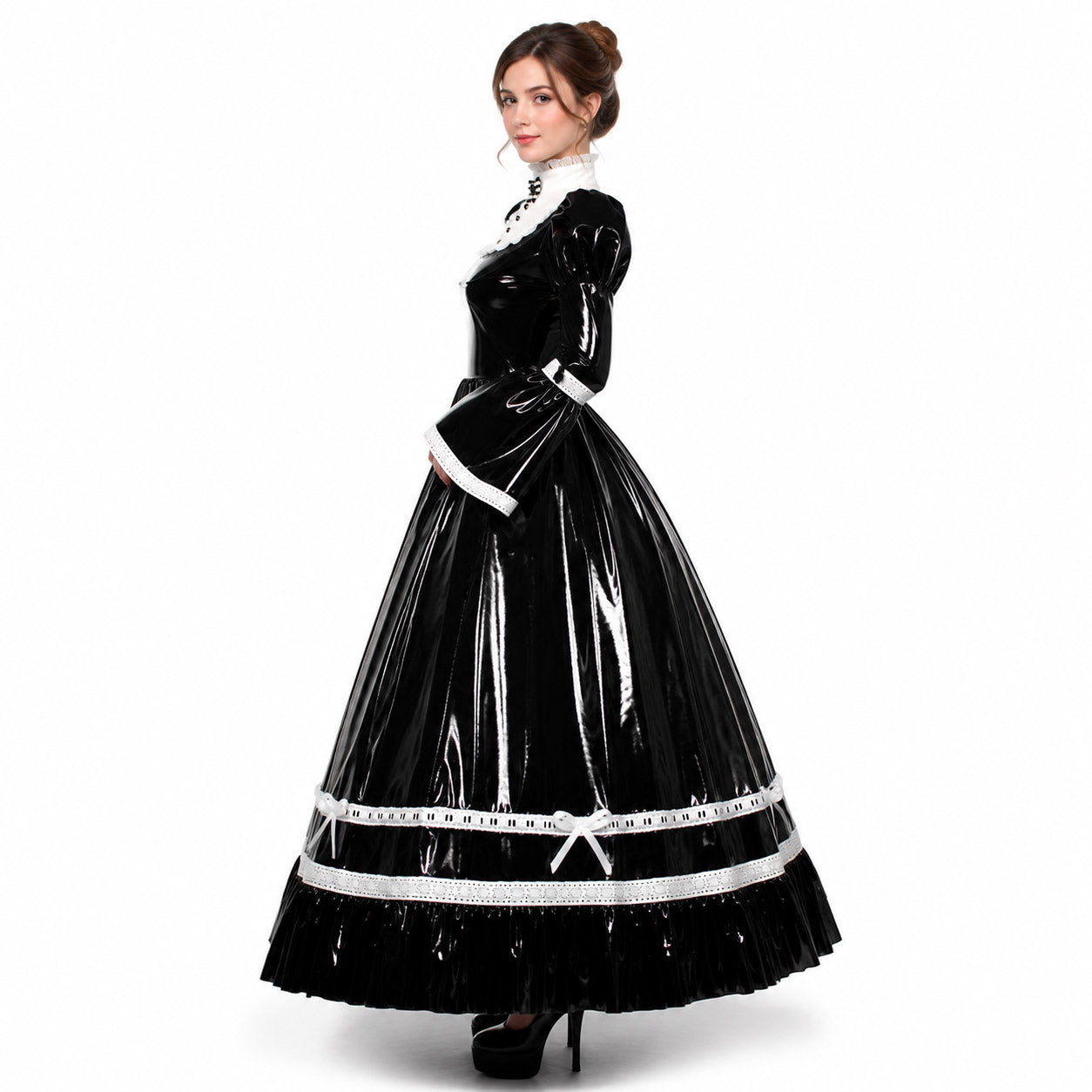 Black PVC sissy maid long dress with white lace trim G416-2