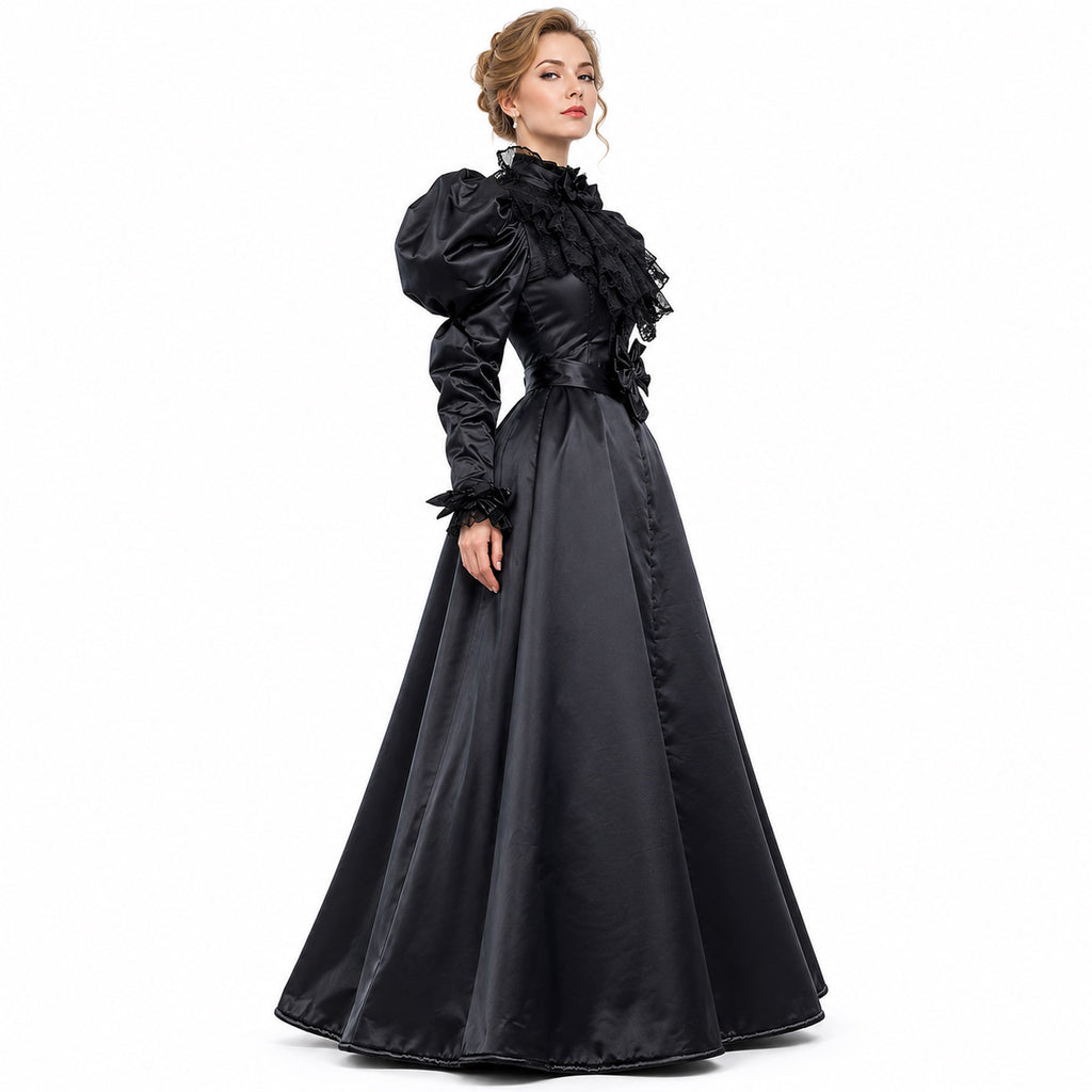 Black Victorian gothic sissy maid satin dress with puff sleeves and lace details-g899-1