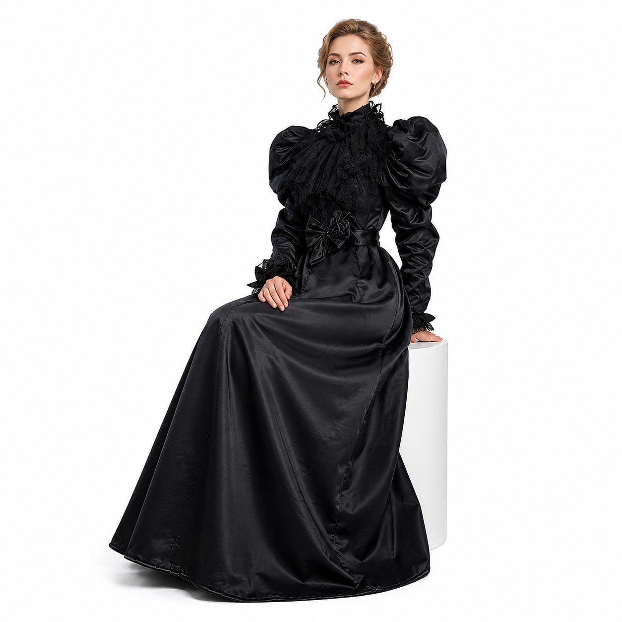 Black Victorian gothic sissy maid satin dress with puff sleeves and lace details-G899-2