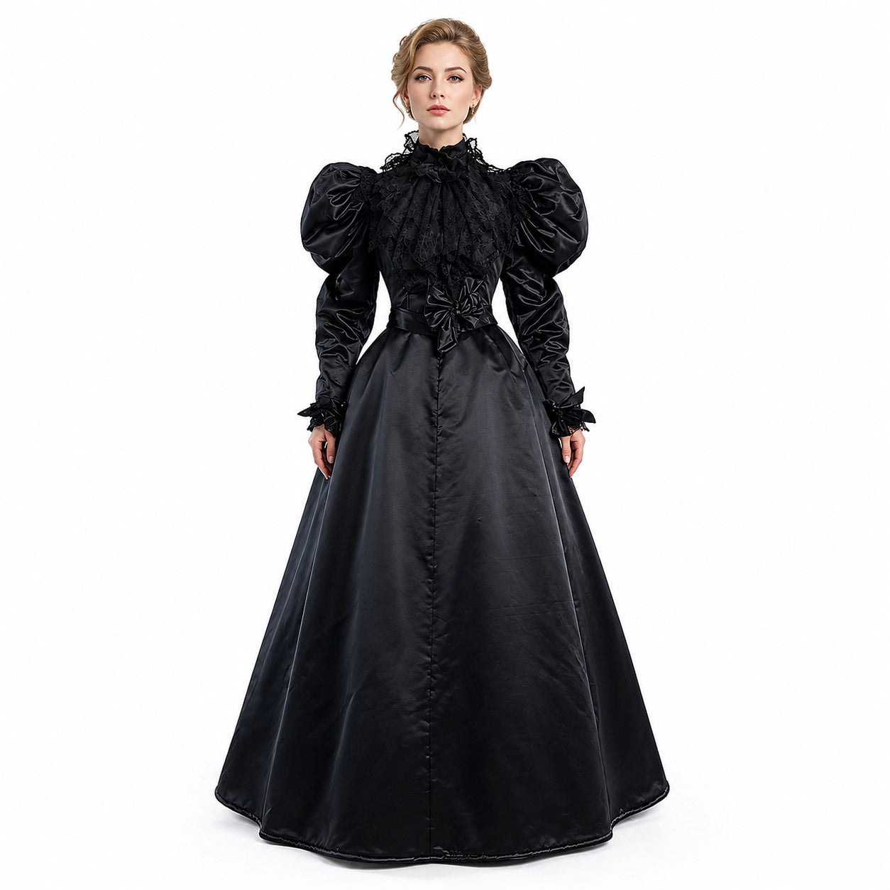 Black Victorian gothic sissy maid satin dress with puff sleeves and lace details-G899