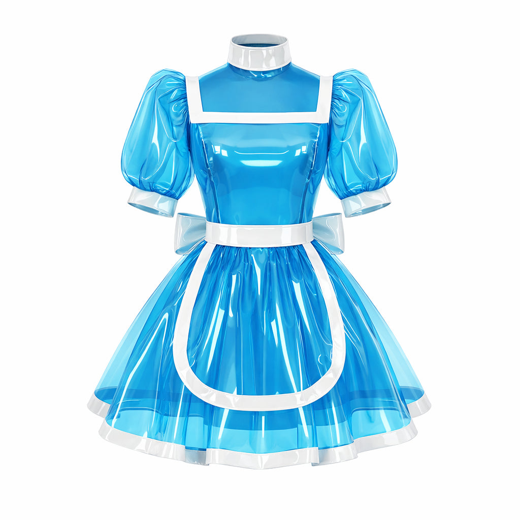 Blue transparent PVC sissy maid dress with white apron, glossy finish, puff sleeves, high neck and large bow detail-G4142-1