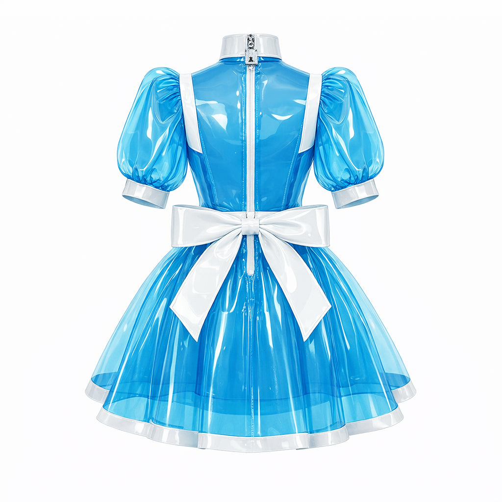 Blue transparent PVC sissy maid dress with white apron, glossy finish, puff sleeves, high neck and large bow detail G4142-2
