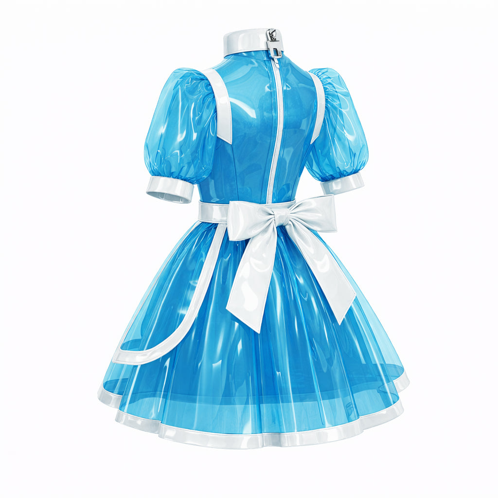 Blue transparent PVC sissy maid dress with white apron, glossy finish, puff sleeves, high neck and large bow detail-G4142-3