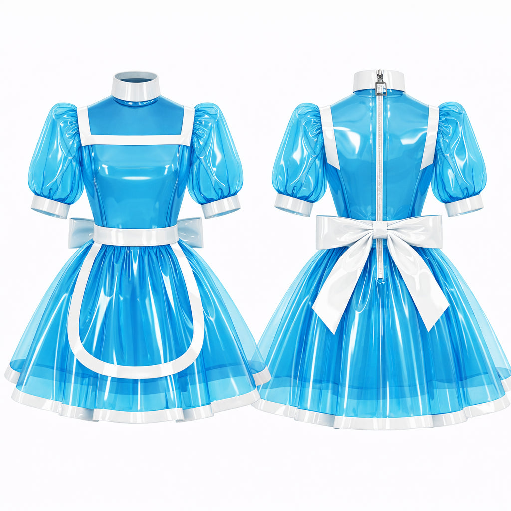 Blue transparent PVC sissy maid dress with white apron, glossy finish, puff sleeves, high neck and large bow detail