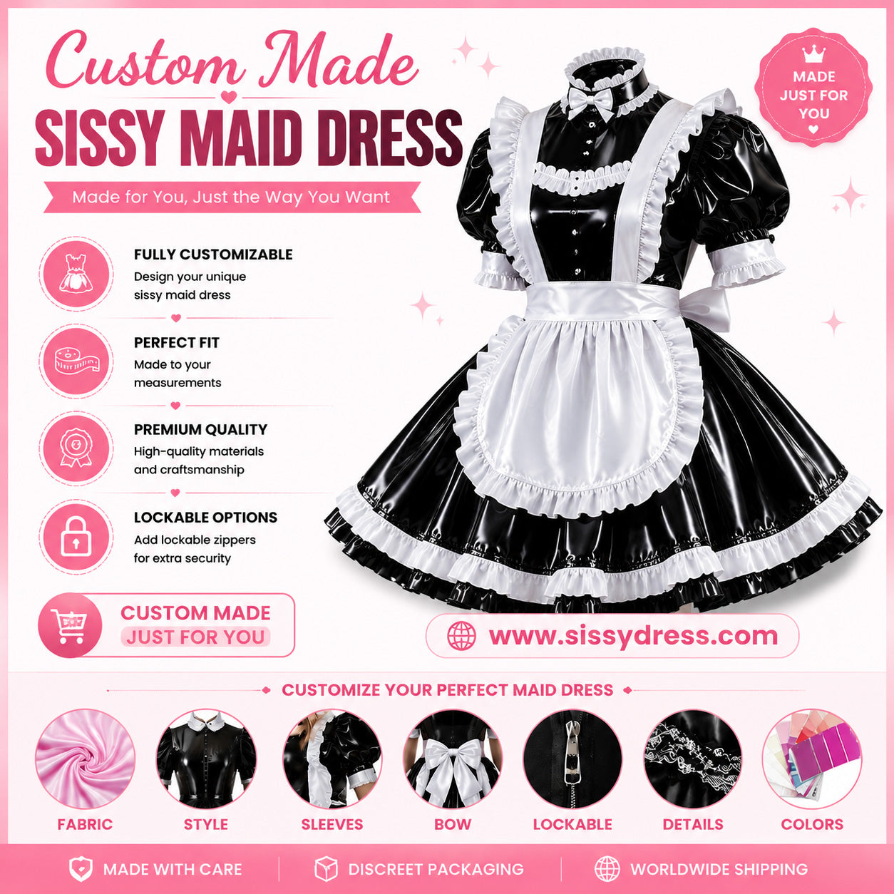 Custom Made Lockable PVC Sissy Maid Dress – Black & White Elegant Lolita Style Costume G000
