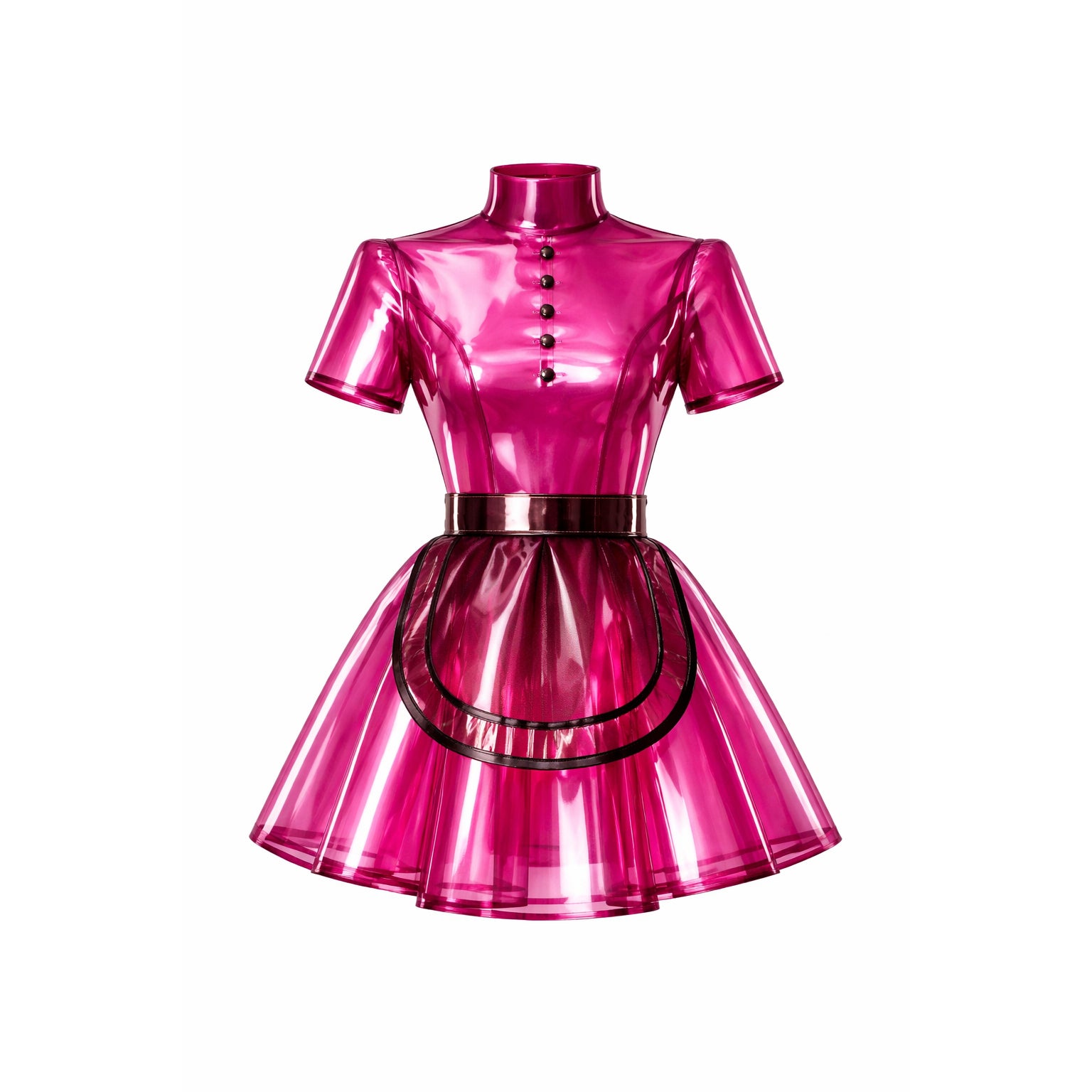 hot Pink clear PVC sissy maid dress with glossy transparent finish, lockable design, apron, high neck, puff sleeve style and bow detail G4141-1