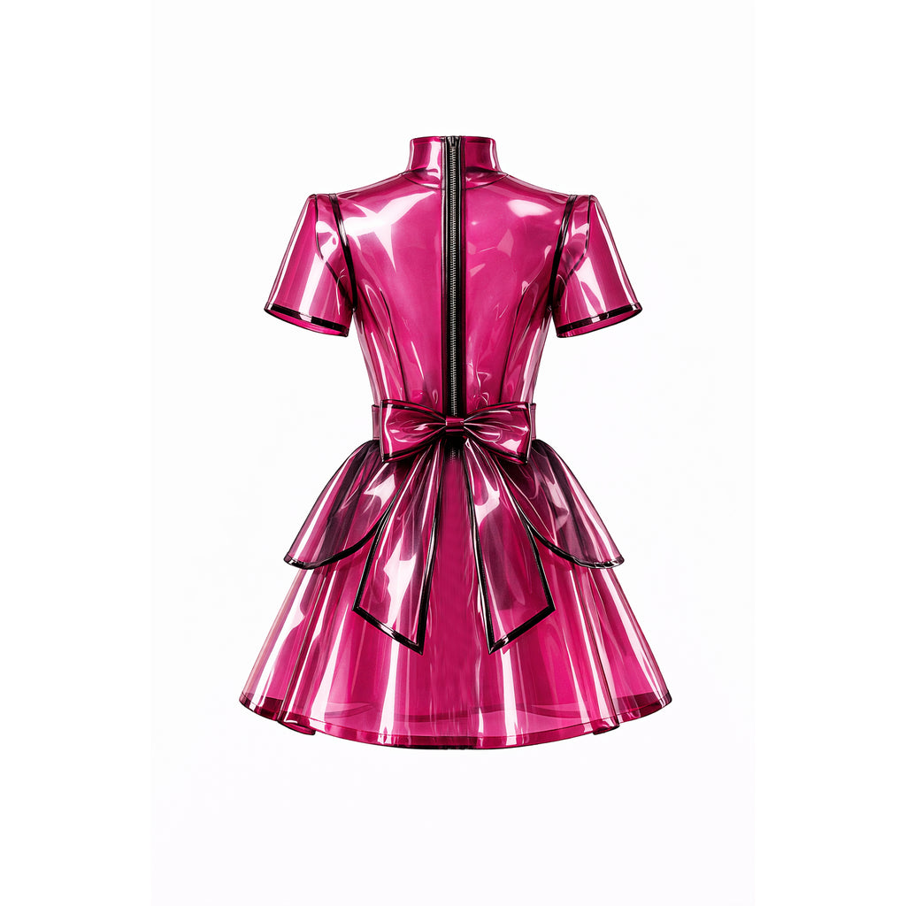 hot Pink clear PVC sissy maid dress with glossy transparent finish, lockable design, apron, high neck, puff sleeve style and bow detail G4141-2