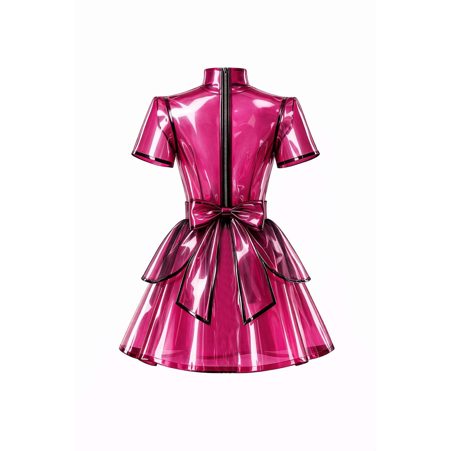hot Pink clear PVC sissy maid dress with glossy transparent finish, lockable design, apron, high neck, puff sleeve style and bow detail G4141-2