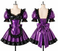 Purple and black PVC lockable sissy maid dress with lace trim, puff sleeves, apron and large bow displayed on mannequin