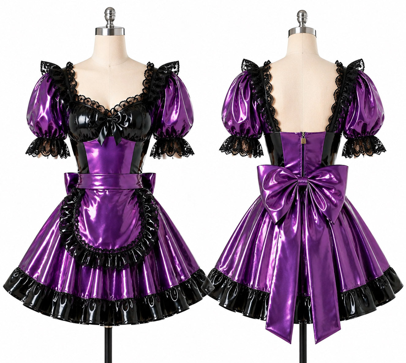 Purple and black PVC lockable sissy maid dress with lace trim, puff sleeves, apron and large bow displayed on mannequin